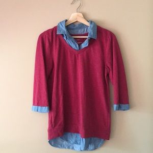 Red and denim shirt